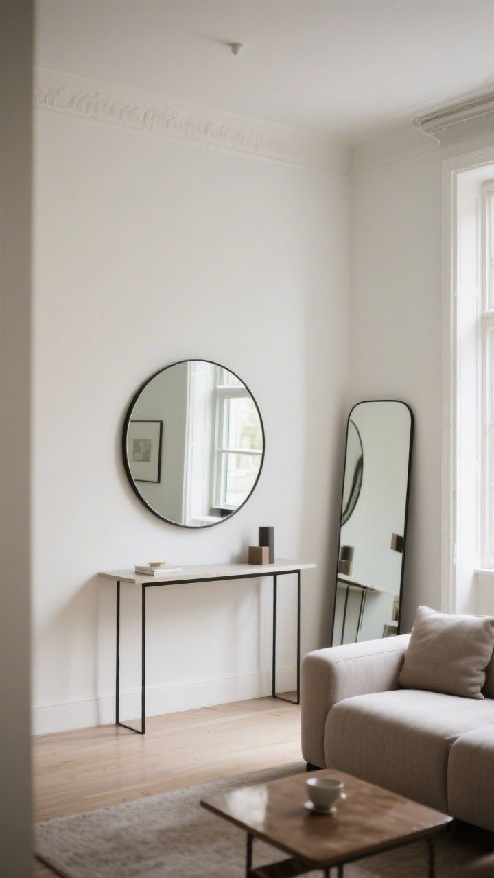 A wide shot of a small living room featuring a single bold mirror: a large round mirror centered over a slim console opposite a window to bounce daylight, with a leaning full-length mirror in a corner subtly extending the space; light walls, minimal decor for clean drama, bright but soft reflected light