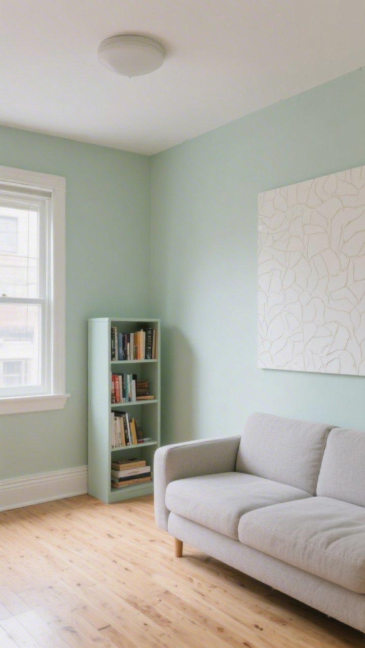 A wide shot of a small rental living room transformed by paint: pale sage walls with a whisper-lighter ceiling shade for height, baseboards and a single bookcase color-drenched to match the walls, light oak floors, a greige sofa, and a peel-and-stick oversized art panel as a faux feature wall; soft daylight filtering in, calm airy mood, photorealistic