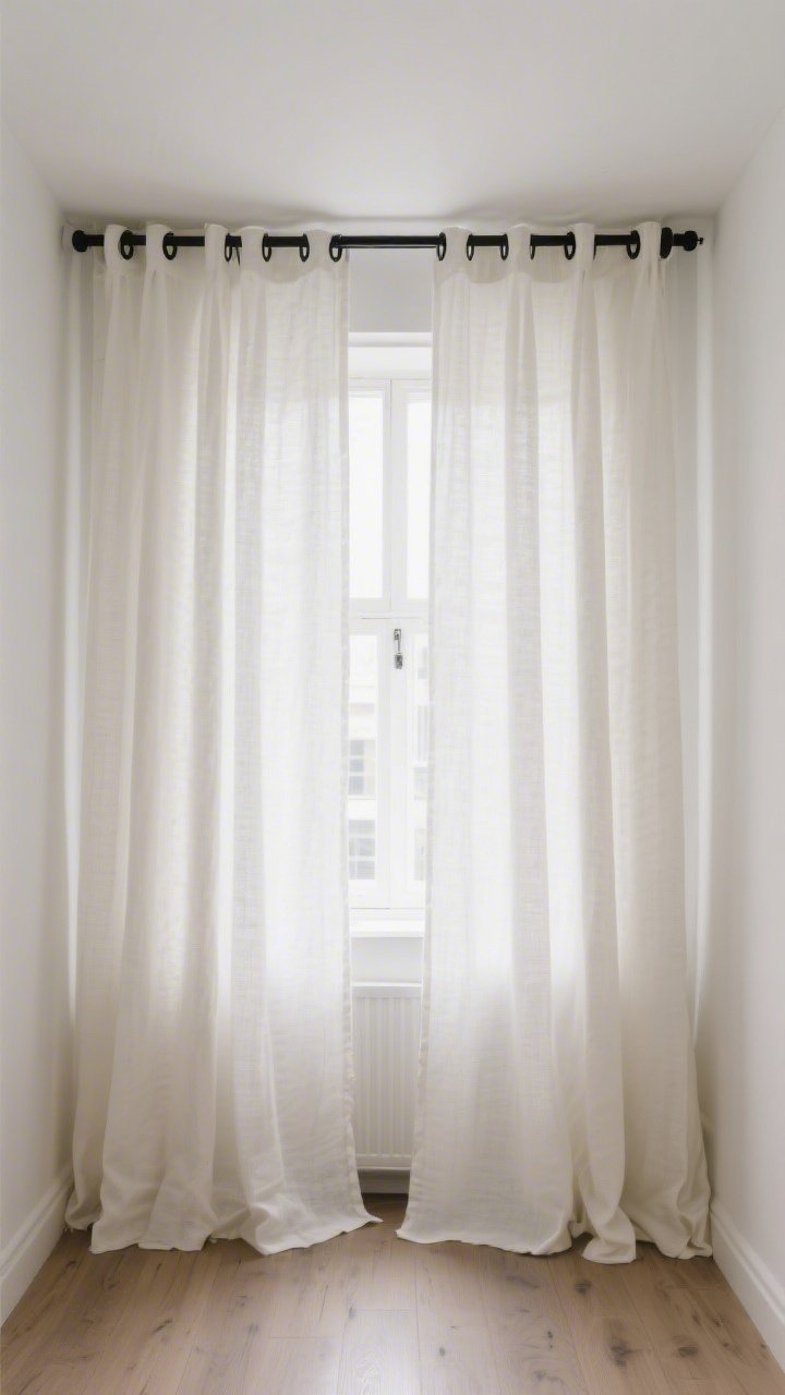 A wide shot of a small window treated to fake height: curtain rod mounted just below the ceiling, extended wide past the frame so panels don’t block light; long off-white linen panels gently kissing the floor with subtle puddling; simple black rod and clip rings (IKEA-style), ironed hems, bright daylight pouring in, creating tall, airy drama