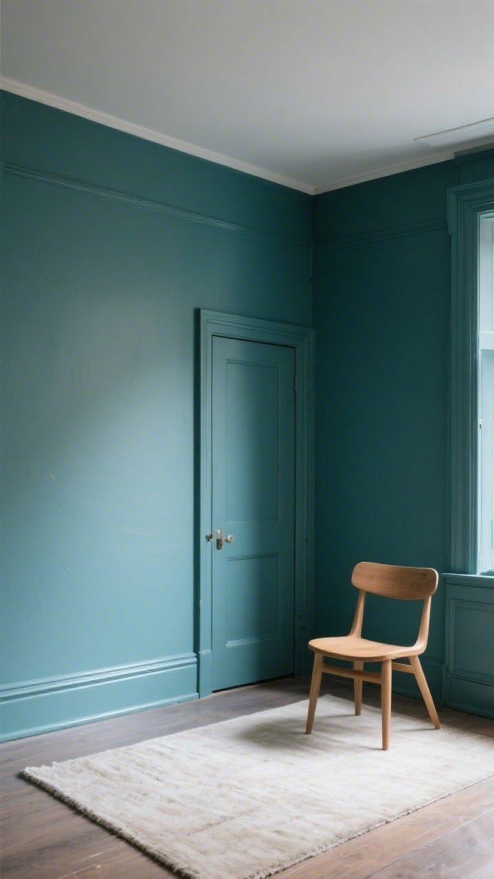A wide shot of a tiny studio color-drenched in a mid-to-dark muted blue-green, with walls, trim, doors, and even the baseboards painted the same hue, the ceiling subtly 10% lighter; eggshell finish on walls, satin on trim; soft morning light reflecting off the surfaces, a simple pale rug and natural wood chair providing contrast for a chic, cozy cocoon effect