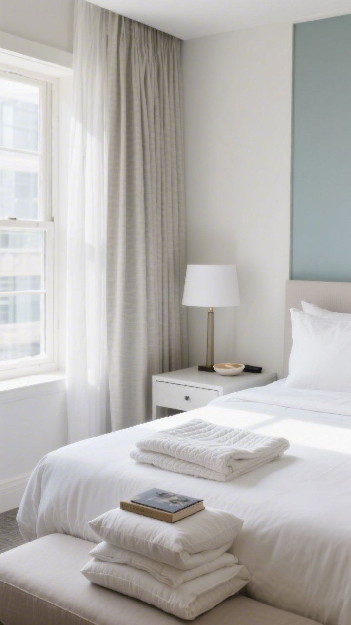 A wide, straight-on bedroom scene styled like a hotel reset: crisply smoothed white duvet, a folded quilt at the foot, pillows stacked by size, a pared-down nightstand with lamp, book, small dish, and one personal item; curtains pulled wider to visually heighten windows, panels steamed smooth; bedding swapped from a guest room introducing subtle color; bright, clean daylight for a fresh mood.