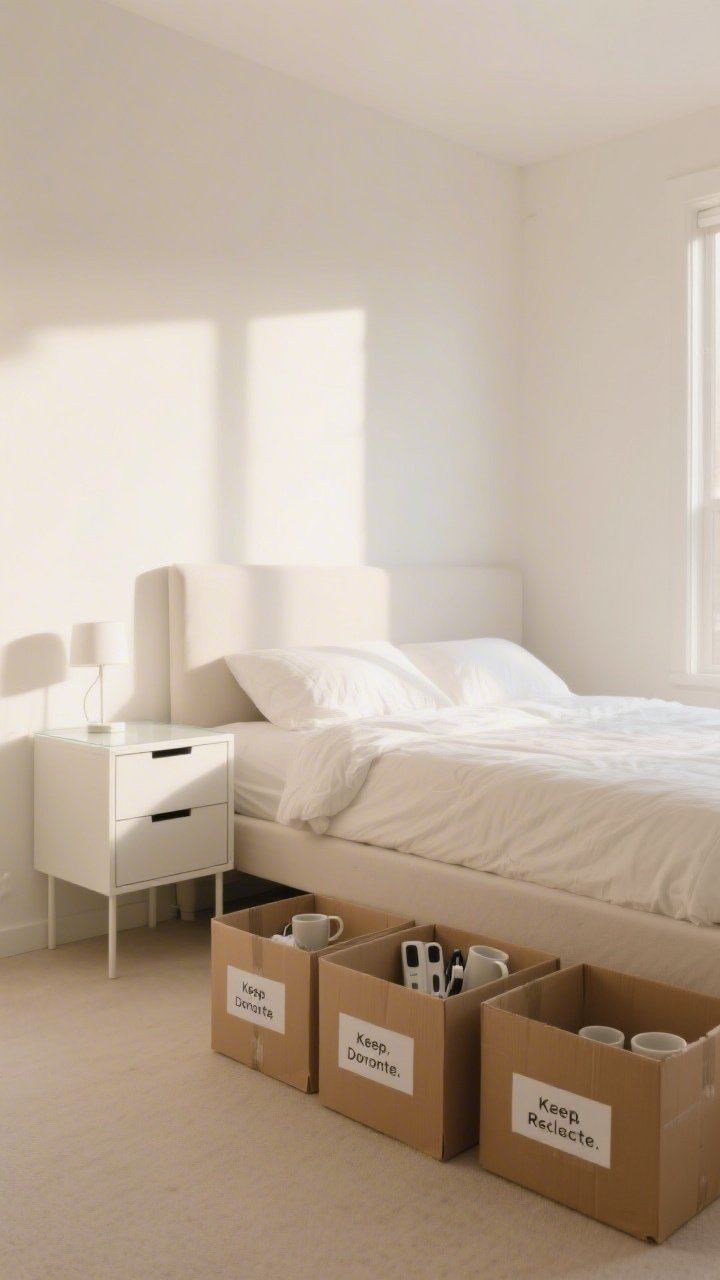 A wide, straight-on shot of a freshly decluttered minimalist bedroom: empty nightstand surface, clear dresser top, and clean floor with no items; three labeled bins on the bed reading Keep, Donate, Relocate; duplicates (extra phone chargers, spare mugs) tucked in a closed cardboard box under the bed; calm, neutral palette with warm white walls and soft morning light, emphasizing open negative space and instantly larger feel.