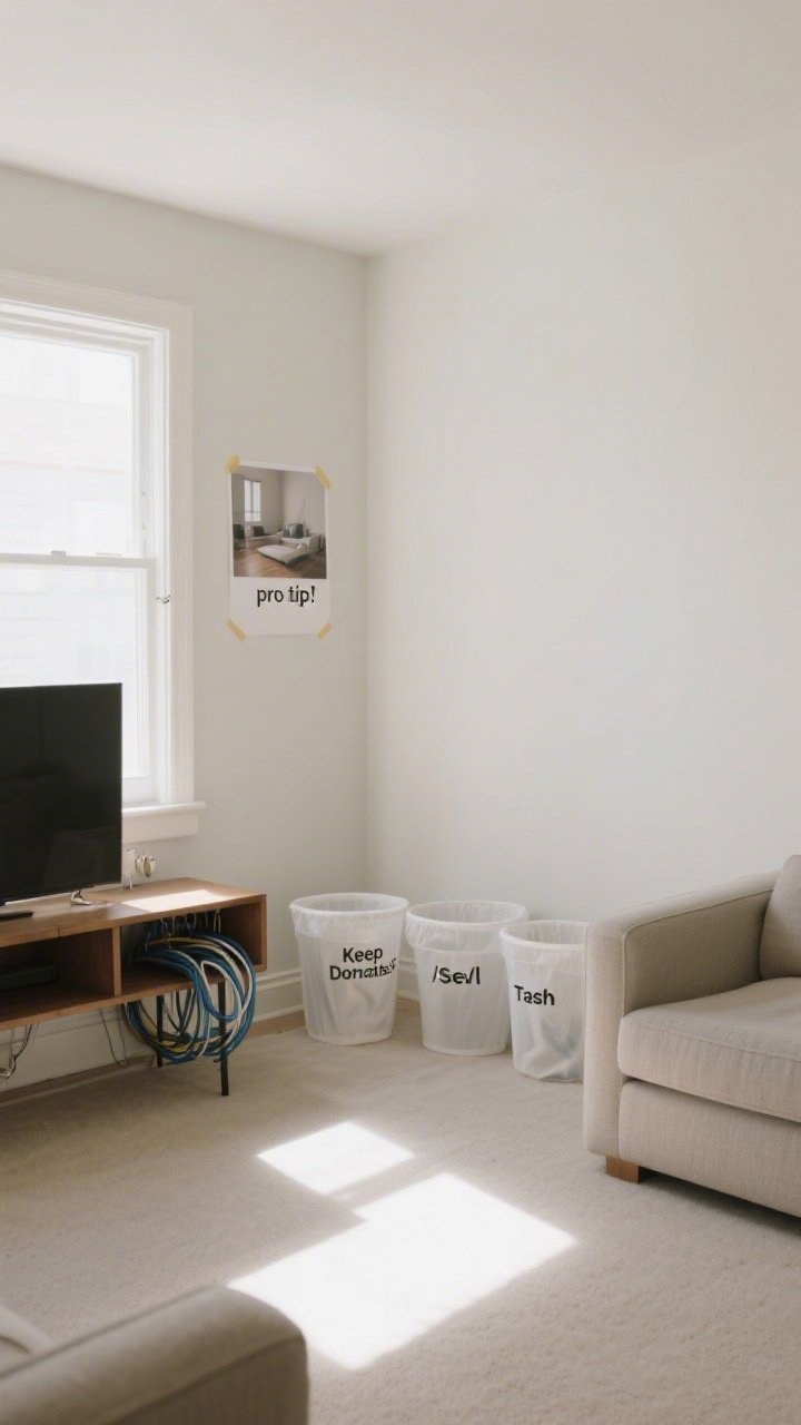 A wide, straight-on shot of a freshly decluttered living room with bare surfaces and open floor space, visible three labeled bins on the floor reading Keep, Donate/Sell, Trash, cords neatly hidden behind a media console using cable sleeves and hooks, soft natural daylight revealing a brighter, more spacious feel; include a quick snapshot photo of the room taped to the wall as a “pro tip” reference.