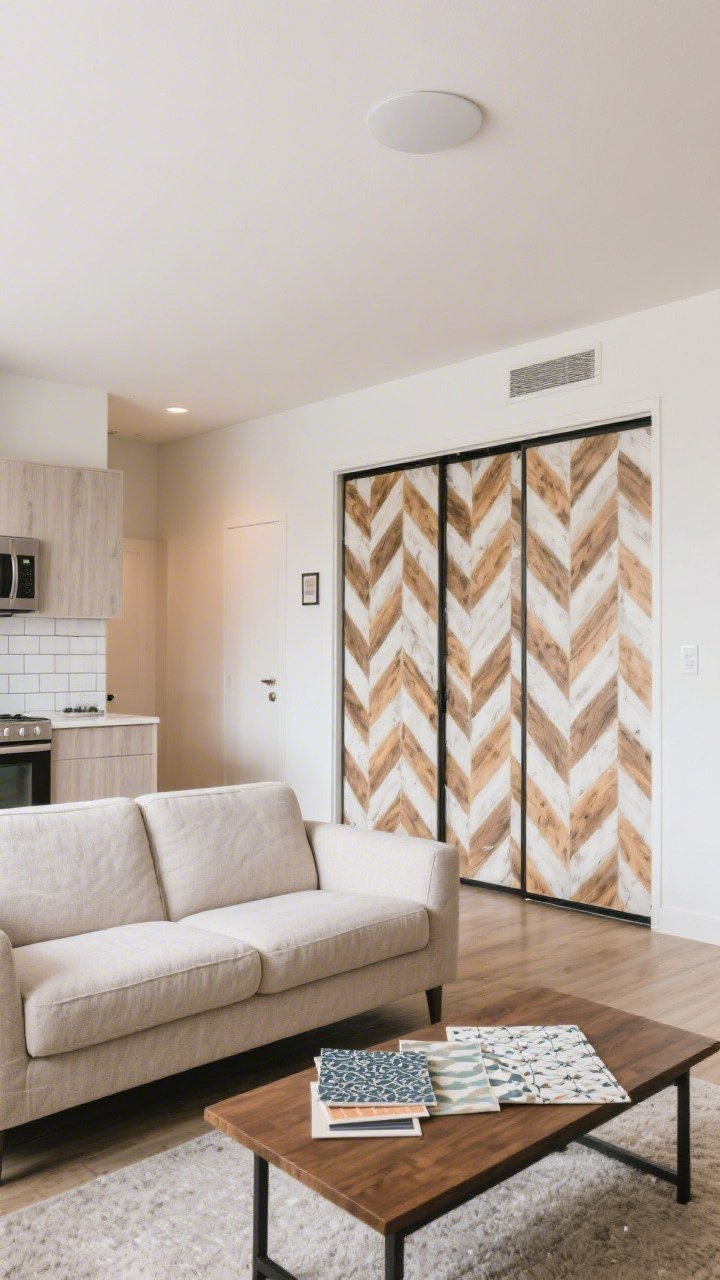 A wide, straight-on shot of a rental living room with a bold peel-and-stick wallpaper accent wall behind a neutral sofa; include removable faux-tile peel-and-stick backsplash visible in an adjacent open kitchen, and peel-and-stick faux wood pattern on sliding closet doors; soft daylight, clean smooth walls, and a few wallpaper samples on a coffee table to imply testing