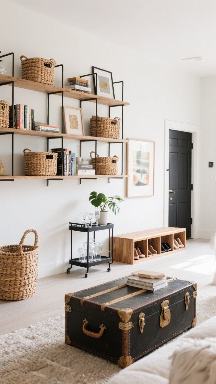 A wide, straight-on view of a living room wall with modular open shelving styled with rattan baskets, books, and small art; a vintage trunk coffee table with hidden storage; a black metal bar cart arranged with glassware and a plant; and an entry bench with cubby shoe storage; cohesive mix of rattan, wood, and black metal; bright, airy daylight