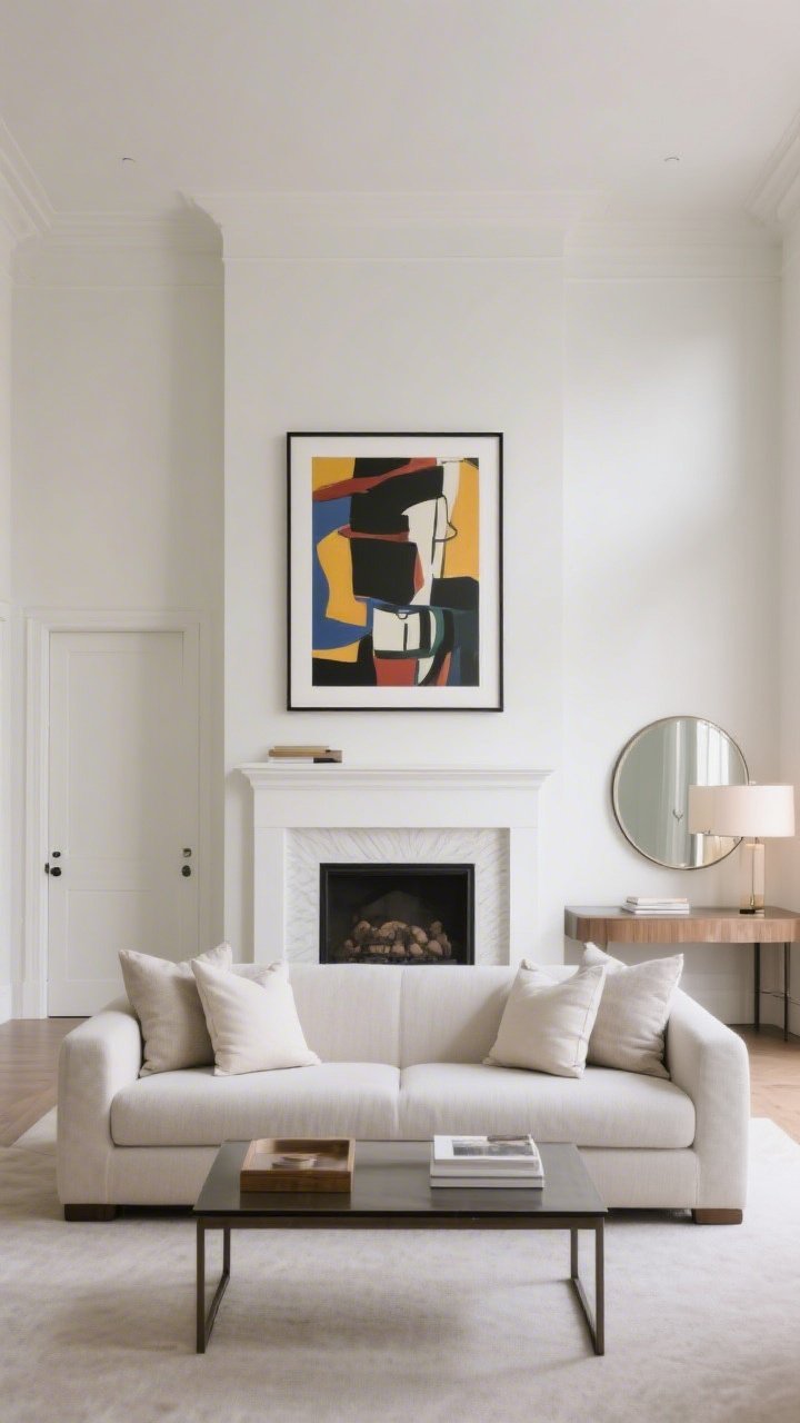 A wide, straight-on view of a living room with a single bold focal point: a large 24x36 framed art piece above the sofa, with the rest of the decor minimal; symmetrical pair of pillows, a balanced console opposite the entry with a big round mirror and a single lamp; uncluttered fireplace mantle; simple, bold centerpiece and clean lines; soft, even lighting