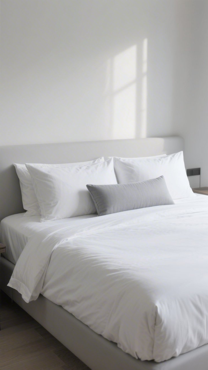 A wide, straight-on view of a minimalist bed with luxe restraint: crisp white fitted sheet, smooth duvet in soft gray, two sleeping pillows, two matching shams, and a single long lumbar pillow as the hero; lightly steamed, wrinkle-free bedding; calm, hotel-like mood with gentle morning light.