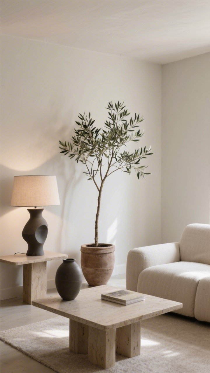 A wide, straight-on view of a pared-back small living room with bold accents: one sculptural statement lamp with a simple shade on a side table, a large matte ceramic vase with tall branches centered on the coffee table, and a single tall plant (olive tree) in a neutral pot; tight, calm color palette, edited accessories, and warm natural light for a confident, uncluttered presence