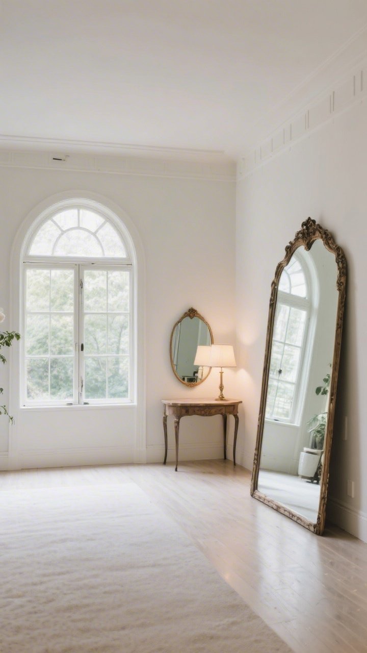 A wide, straight-on view of a room with an oversized arched vintage-style mirror placed across from a window to double the daylight; a smaller mirror sits behind a table lamp to amplify glow; a large leaning floor mirror elongates the space; crisp reflections and bright, airy lighting emphasize the expansion effect.