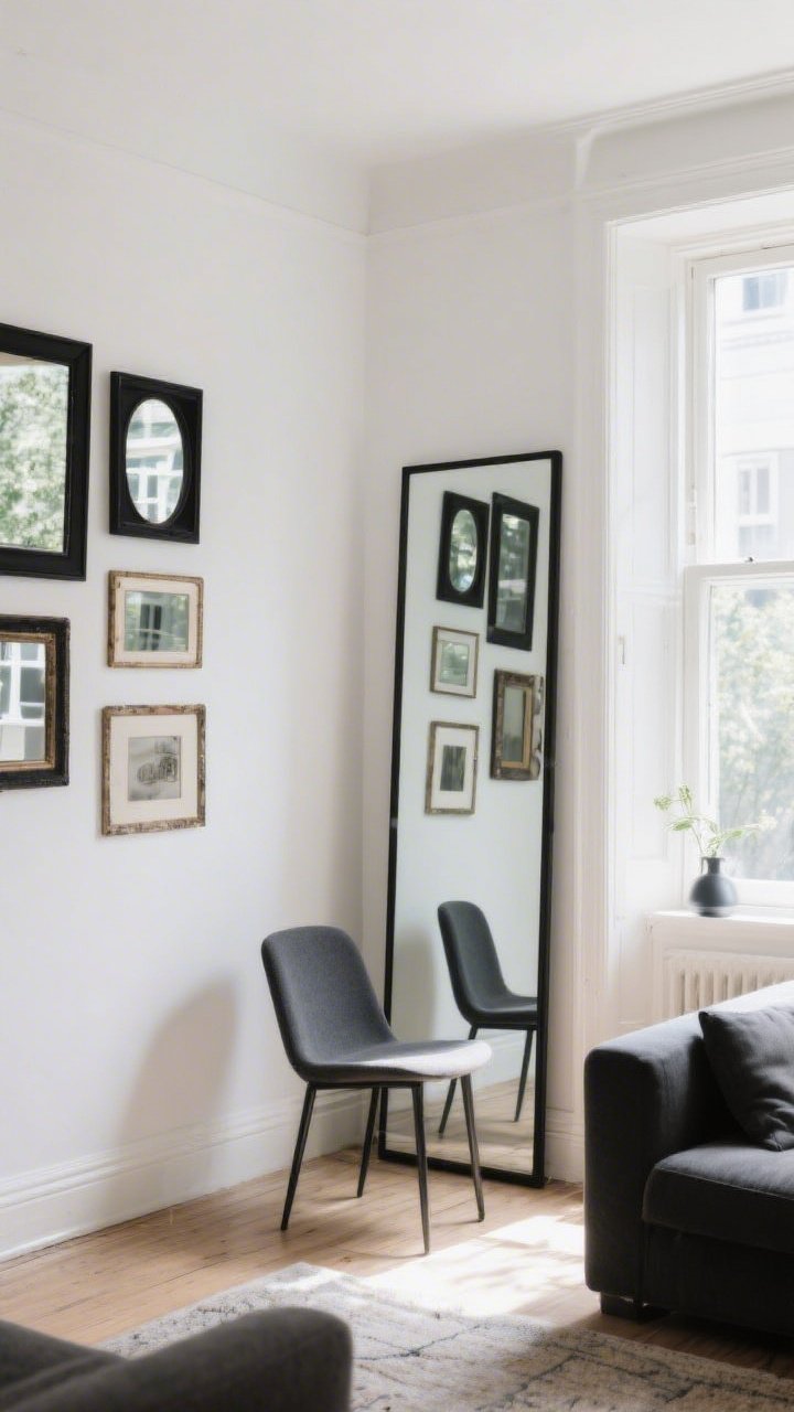A wide, straight-on view of a small living room with a large floor mirror placed directly across from a sunny window, doubling the daylight; a slim armchair sits slightly in front of a tall floor mirror behind it to add depth; a curated “mirror gallery” on the adjacent wall with mismatched thrifted frames painted the same matte black for cohesion; bright, airy feel with crisp reflections