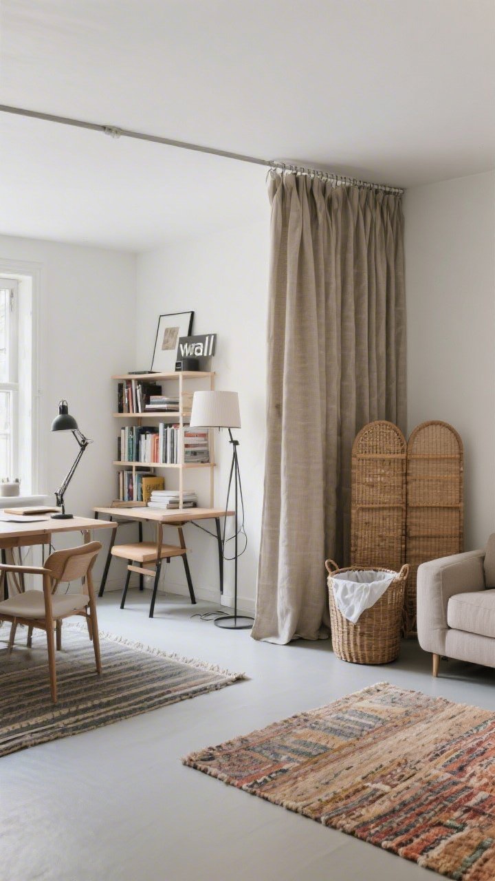A wide studio apartment seen from a corner angle with zones created without construction: a tall open bookshelf backed with fabric acting as a room divider, a ceiling-mounted tension-rod curtain forming a soft “wall,” distinct rugs defining a lounge and desk area, and a folding rattan screen partially hiding a laundry basket; task lamp over the desk, floor lamp by the sofa