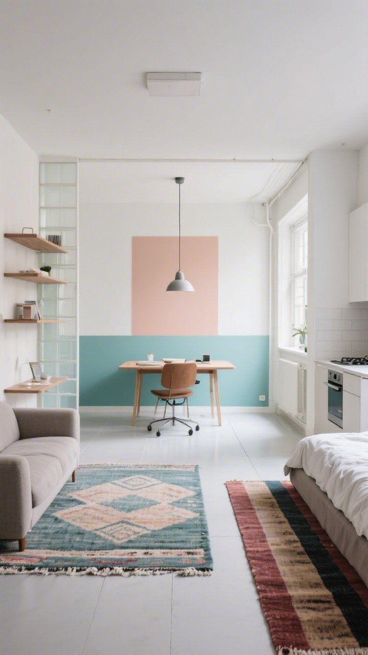 A wide studio apartment shot creating zones without walls: distinct rugs to anchor areas—one under the sofa, one under the bed, and a runner defining the kitchen line; an open shelving unit used as a light-permeable divider; color blocking painted as a soft rectangular backdrop behind a compact desk to suggest an office; a pendant light centered above the dining table as a ceiling cue; clear 30-inch pathways