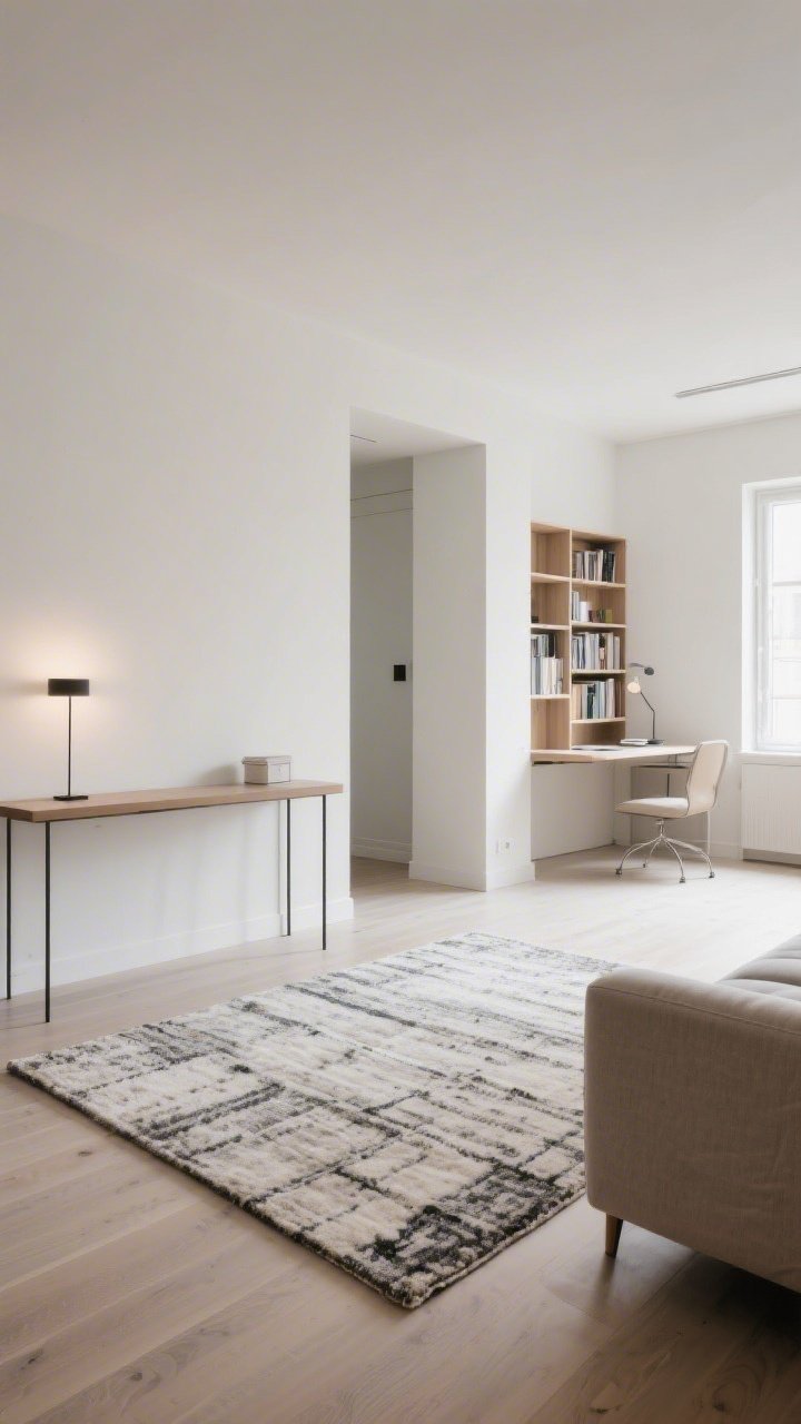 A wide studio apartment shot with clear zones: a living area defined by a large rug under a slim-leg sofa, a console table behind the sofa acting as a divider, and an open bookcase subtly separating a small workspace while keeping light flowing; uncluttered walking paths, soft ambient lighting