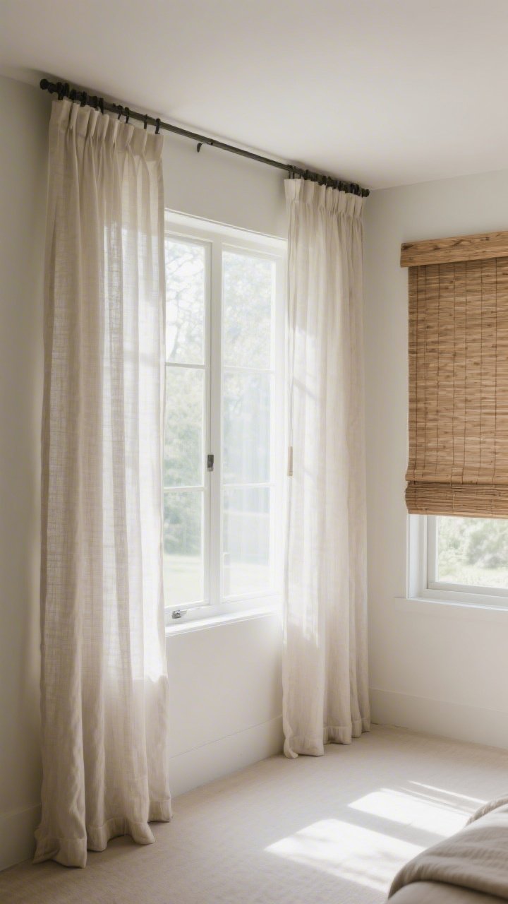 An angled medium shot of a window dressed to enlarge the room: curtains mounted 4–6 inches below the ceiling and extended 8 inches past the frame on each side, in airy linen-sheer fabric; optional adjacent Roman shade in a woven wood texture for compact spaces; bright daylight filtering through, elongating the wall