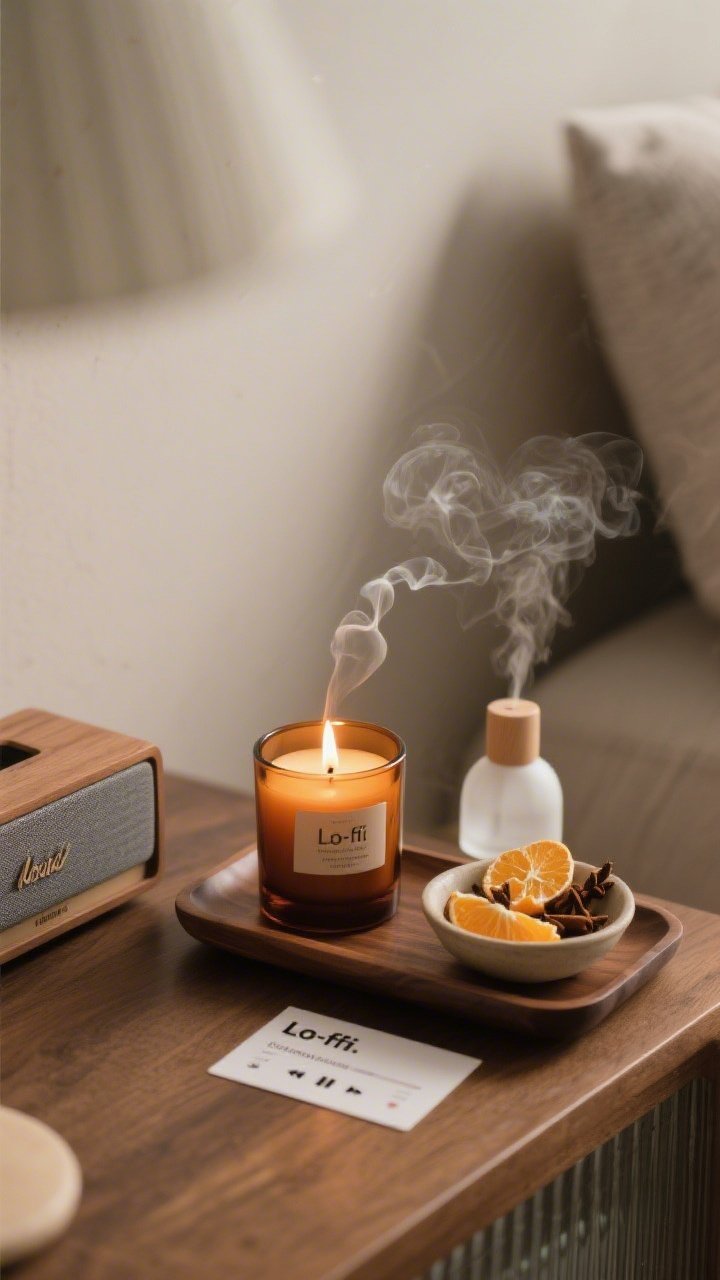 An intimate vignette shot evoking invisible makeover vibes: a lit amber glass candle emits gentle smoke and warm glow on a wooden tray, next to a small diffuser with fine mist and a bowl of citrus peels with cloves. A Bluetooth speaker rests nearby with a visible playlist card reading “Lo‑Fi