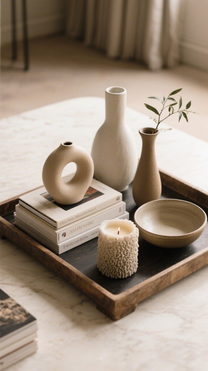 An overhead detail shot of a curated vignette on a tray: a small stack of art books anchoring the scene, a sculptural ceramic object, a textured candle, a shallow bowl, and a slim vase with a plant clipping; items grouped in odd numbers with varied heights; soft natural light grazing textures