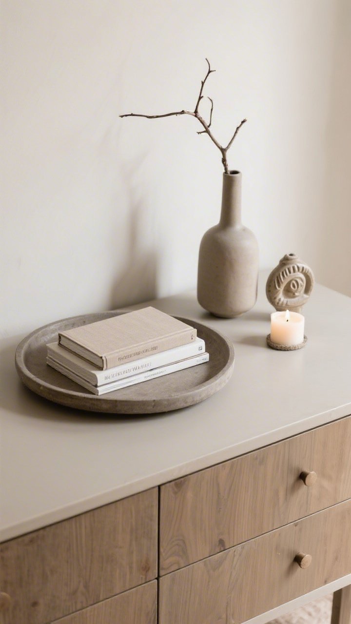 An overhead detail shot of a curated vignette on a dresser: a round tray anchoring the scene, a stack of two books, a slender vase adding height with a single branch, and a personality item—a small ceramic artifact—beside a lit candle; cohesive neutral and muted tones, varied textures (matte ceramic, smooth wood, linen book covers), edited and airy.