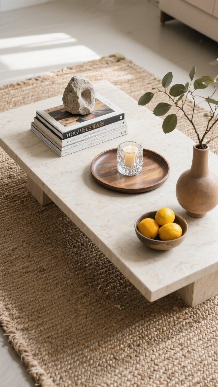 An overhead detail shot of a rectangular coffee table styled in three zones: a stack of large art books topped with a small sculptural stone object, a round tray with a glass candle holder adding sparkle, and a low vase with a leafy branch; heights vary elegantly, a small bowl of bright citrus adds organic color, all on a jute rug with diffused daylight
