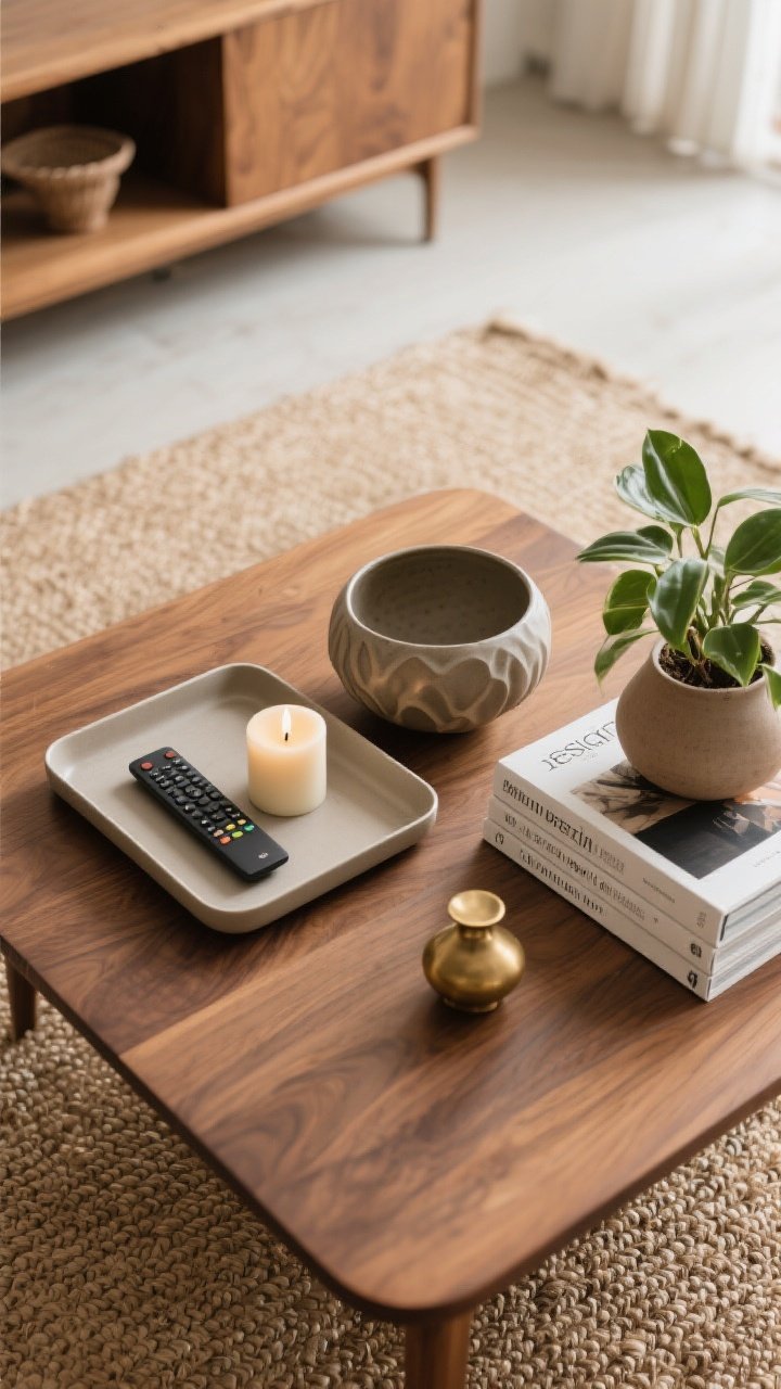 An overhead detail shot of a styled coffee table: a rectangular tray corralling a remote and a chic candle, a small sculptural ceramic bowl, and a stack of hardback design books; a low-maintenance plant adding fresh green, and repeated materials—warm wood table, matte ceramic, and a small brass object—for cohesion; soft natural light across a jute rug below