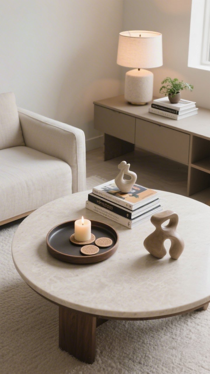 An overhead detail shot of a styled coffee table using the rule of thirds: a round tray with a lit candle and coasters, a neat stack of art books, and a small sculptural object; adjacent nightstand styled with a lamp, a short book stack, and a tiny plant; clean surfaces, balanced composition, soft natural light, photorealistic