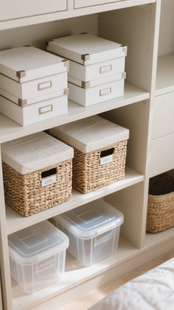 An overhead detail shot of streamlined visible storage: matching natural-fiber baskets, stacked lidded boxes arranged in symmetrical pairs on a shelf, and labeled clear bins with lids for under-bed storage nearby; neutral palette, clean labels, tidy composition with gentle top-down daylight