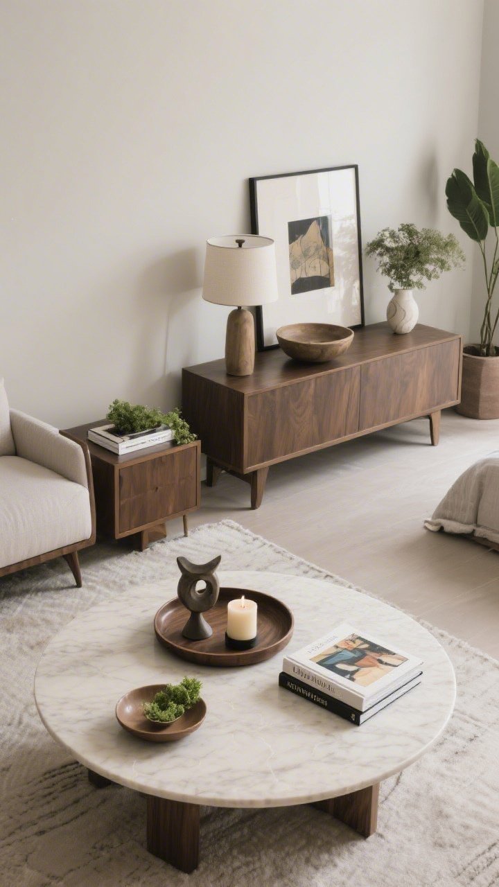 An overhead detail shot of styled surfaces using the rule of three: a coffee table vignette with a round tray, two art books, and a sculptural candle; nearby, a nightstand with a lamp, a single book, and a small dish with greenery; console in the background with art, a lamp, a bowl, and a plant; varied heights, shapes, textures; negative space left intentionally