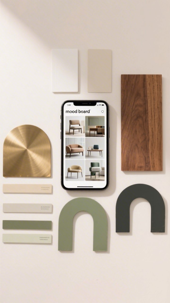 An overhead flat-lay of a phone screen collage “mood board” showing screenshots of existing furniture and a few wishlist items; around it, place a brushed brass metal sample (one metal), a warm walnut wood sample (one wood tone), paint swatches for 2 neutrals (soft white, beige) and 2 accents (sage green, charcoal), plus small cutouts of arches and stripes to emphasize repeated shapes.