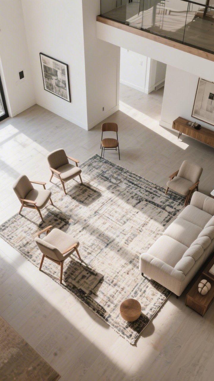 An overhead layout-focused shot of a living area: a rug anchoring the seating zone with front legs of sofa and chairs on it; seating grouped in odd numbers for focus; balanced scale with no heavy cluster on one side; one extra side chair removed to open pathways; natural, even lighting highlighting clear circulation.