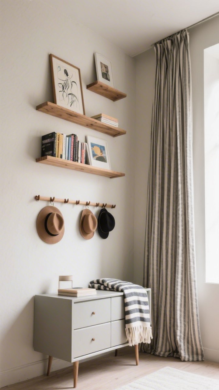 An upward-angled medium shot emphasizing vertical storage: staggered wall shelves above a compact dresser holding art and books spine-out on skinny ledges, a natural wood peg rail with hats and a striped throw, and a single long striped curtain panel drawing the eye up; soft neutral walls, matte textures, and diffuse daylight to highlight height
