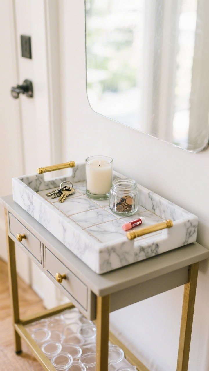 Angled medium shot of a DIY luxe tray made from a faux marble peel-and-stick tile mounted to foam board, with gold drawer pulls as handles; clear furniture pads visible beneath; resting on an entryway console corralling keys, a candle, and a tiny glass jar for loose change and chapstick; bright, natural light with subtle reflections off the marble pattern