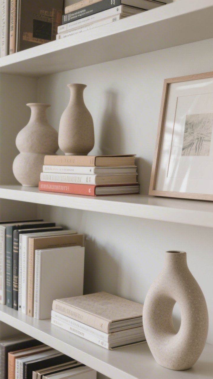 Bookshelf styling closeup-detail: curated-but-chill shelves with groupings in thirds—vertical book stack, horizontal stack, and a sculptural object; varied heights via a tall vase and a framed print breaking the horizon line; repeating a chosen accent color subtly on every shelf or two; a few books turned with spines inward for a neutral moment; gentle side lighting highlighting textures