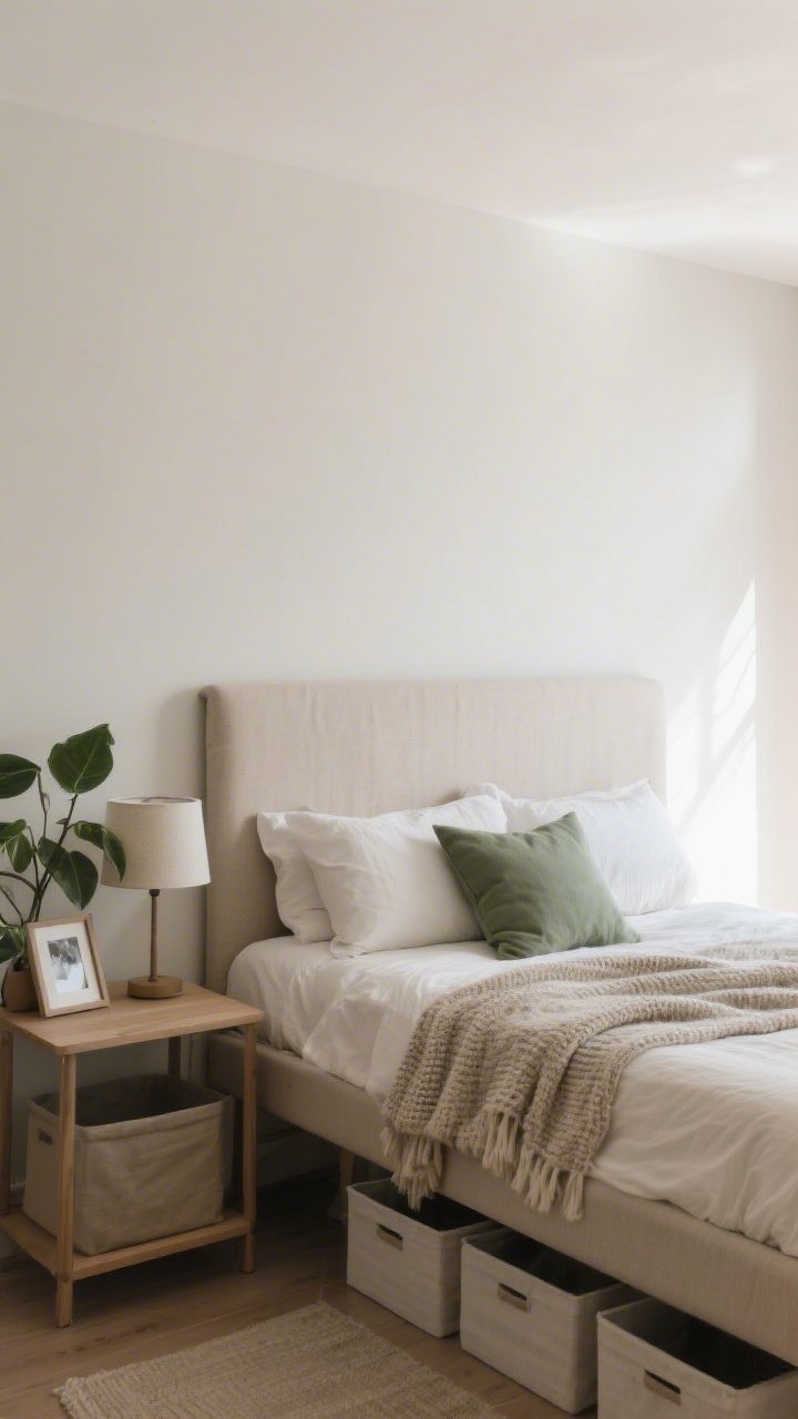 Calm bedroom medium shot: neutral bedding with matching pillow shams and a single sage accent pillow; a textured throw at the foot of the bed; a tidy bedside vignette with a small lamp, one framed photo, and a leafy plant; low storage bins just visible under the bed; a DIY upholstered headboard in soft fabric; soft, diffused morning light, straight-on for serenity