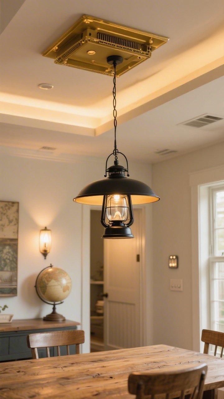 Ceiling-focused medium shot of a dining area with a black metal lantern pendant and a classic schoolhouse globe in an adjacent hallway; dimmers set to a warm 2700K–3000K glow; a visible recessed-to-pendant conversion kit canopy; cozy, golden farmhouse ambiance over a wood table.