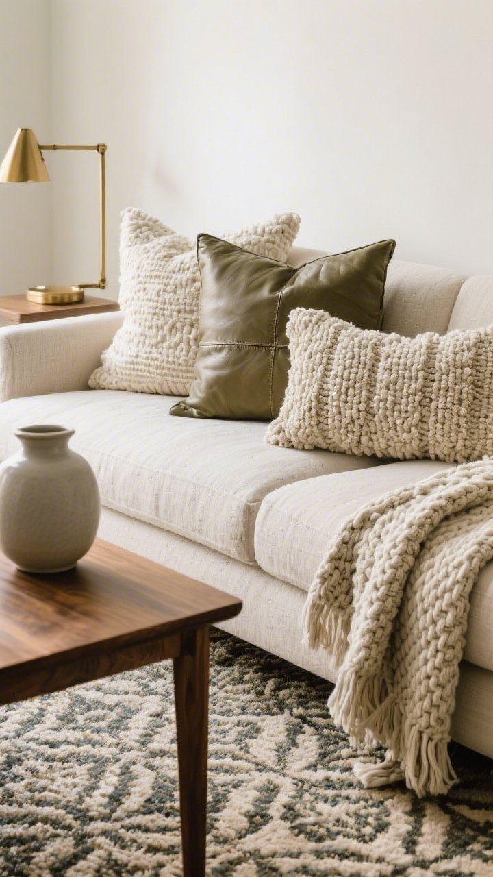Closeup detail: A layered texture and pattern vignette on a sofa—linen and boucle throw pillows in a shared color family (cream, taupe, sage), a leather accent pillow, chunky knit throw, matte ceramic vase on a nearby wood-grain side table; pattern play visible: large-scale rug beneath, medium-scale pillow pattern, small-scale throw pattern; subtle brass lamp glint for balanced shine; soft natural light highlighting fabric weaves.
