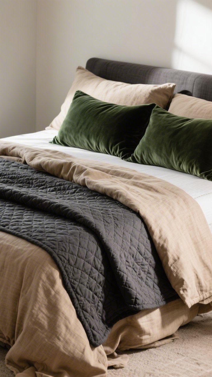 Closeup detail: A luxe bed styled with layered textiles—a flax linen duvet in warm oatmeal, a quilted coverlet in charcoal, and oversized velvet shams in deep forest green; king-size duvet draping generously over a queen mattress; pillow inserts visibly plump; soft morning light highlights textures and weave.