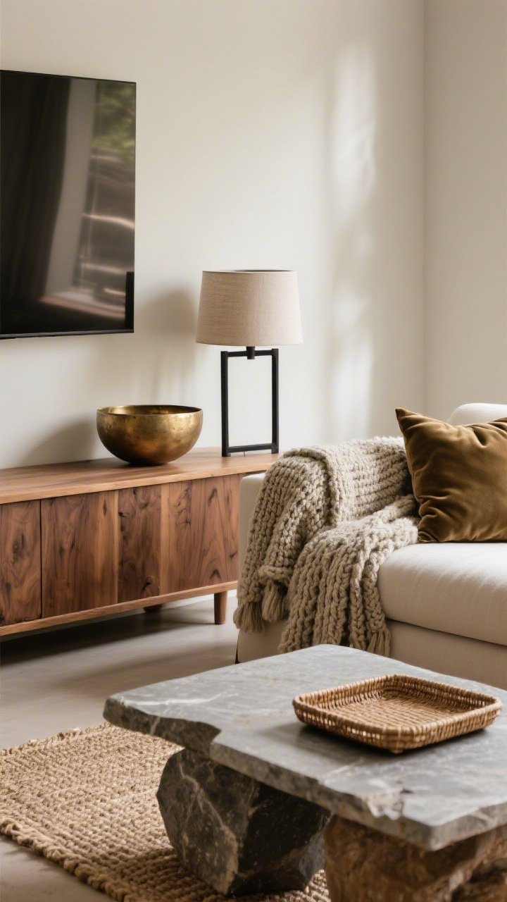 Closeup detail: A texture-forward composition on a wood console and adjacent seating. A chunky knit throw draped over a linen sofa, a smooth velvet pillow beside a nubby bouclé cushion, a brushed brass bowl next to a blackened steel frame, and a ceramic lamp resting on the wood console. In the foreground, a jute rug borders a sleek stone-topped coffee table. Colors stay restrained while textures vary: bouclé, linen, velvet, wool, wood grain, stone, ceramic, metal, and a touch of rattan in a tray. Soft, warm natural light highlights material contrast. Photorealistic.