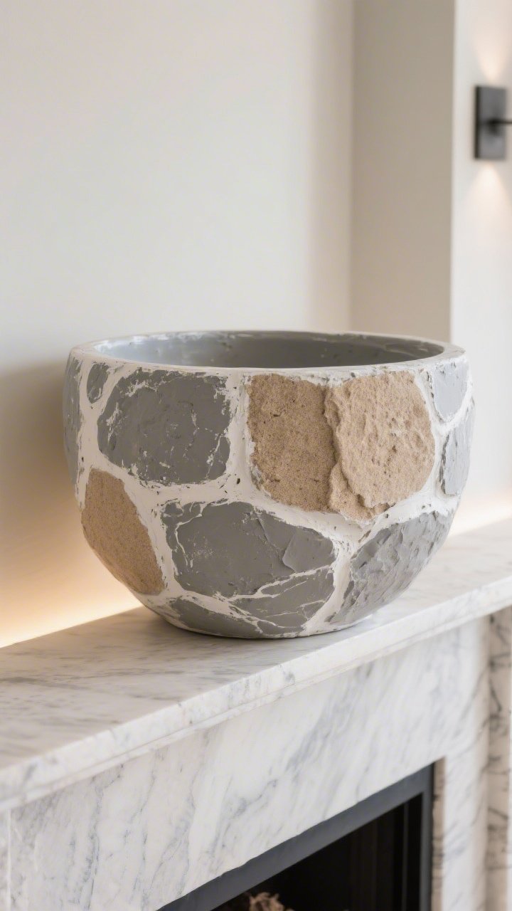 Closeup detail of a faux stone console bowl: a large plastic bowl coated thickly with spackle mixed with sand for gritty texture, painted in layered neutrals—greige, warm gray, and off-white—with dry-brushed stone variation; styled empty and sculptural on a mantel with gentle side lighting to accent the rough, stone-like finish