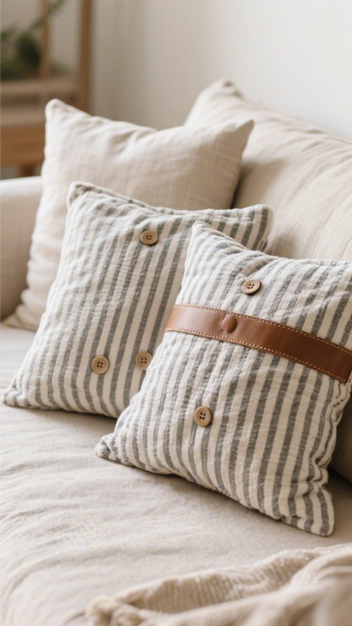 Closeup detail of DIY designer pillows made from two matching striped kitchen towels: sewn (or fabric-glued) along three sides, stuffed with a plump insert; adorned with simple buttons and a slim faux leather accent strip; arranged with solid neutral pillows on a linen sofa; soft daylight highlighting the woven towel texture