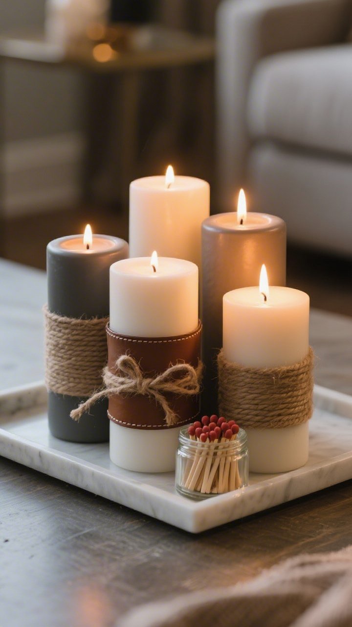 Closeup detail of Dollar Tree pillar candles transformed into “designer” pieces: some wrapped in peel-and-stick faux leather and twine for texture, others coated in ultra-matte spray paint to mimic ceramic; grouped in an odd-number cluster on a minimalist tray with a small glass jar of matches; warm ambient evening light for cozy, luxe vibes, no visible lighters