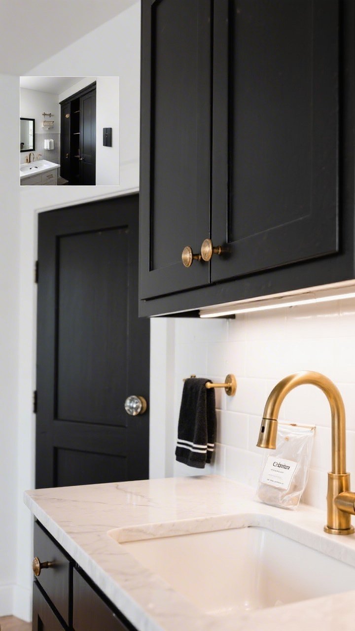 Closeup detail of kitchen cabinetry: matte black Shaker cabinets with brushed brass pulls, a matching brass faucet reflecting in the background; nearby, a bathroom vignette inset shows coordinating matte black towel hooks; a closet door edge with a single vintage glass knob for character; keep originals in a labeled zip bag on the counter; crisp, bright task lighting.