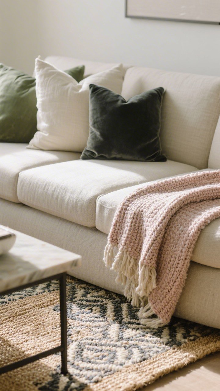Closeup detail of layered textiles on a sofa: a small patterned rug layered over a larger jute base beneath a coffee table edge in the foreground, visible nubby knit throw draped over a linen pillow, and a small velvet cushion for contrast; palette restricted to three to four tones (sage, cream, charcoal, and blush); soft natural light raking across the textures to highlight weave, nap, and pile