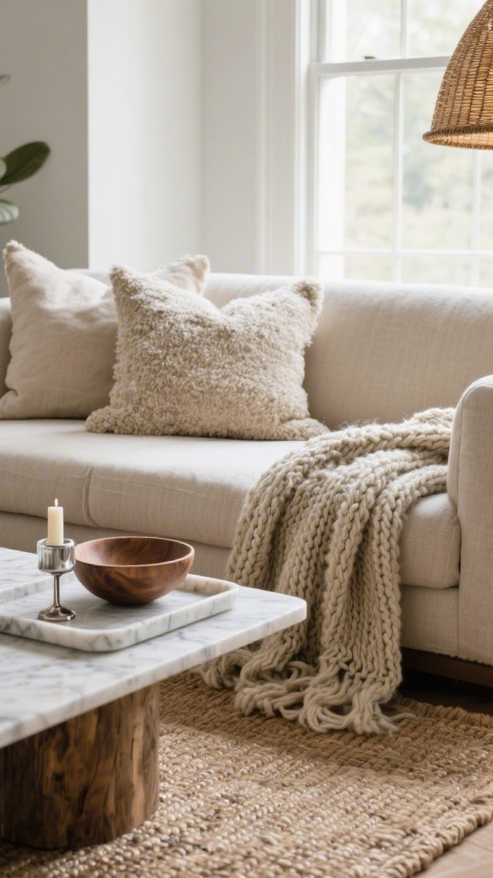 Closeup detail of layered textures: a wool or jute rug foundation, bouclé and linen pillows, a chunky knit throw draped over a sofa arm; a marble tray with a small glass object and brushed metal candle; organic accents like a wood bowl and rattan shade edge entering frame; tight palette of three to four colors, soft natural window light emphasizing tactile surfaces.
