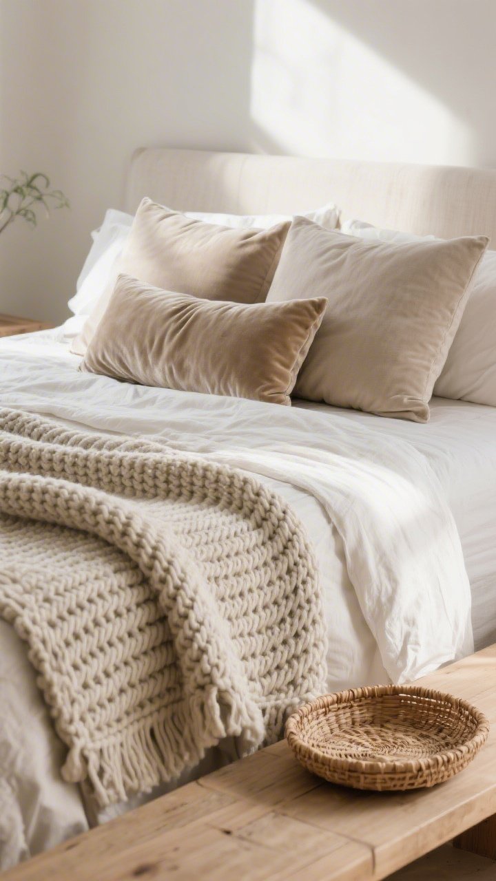 Closeup detail of layered textures on a neatly made bed: chunky knit throw in a ribbed or waffle weave draped at the foot, linen duvet in a soft neutral, two plush pillows plus one long lumbar in velvet with subtle sheen; nearby natural element like a small rattan tray or woven basket on a light wood bench; soft natural daylight highlighting fabric weaves, cozy not cluttered.