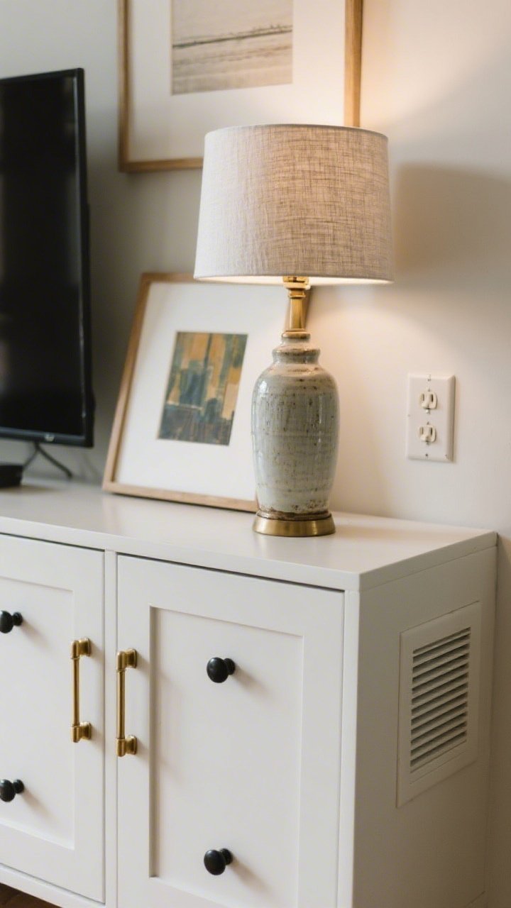 Closeup detail of small but mighty upgrades: cabinet doors with new brass pulls and matte black knobs on a media unit for a cohesive mix; a thrifted ceramic lamp elevated with a fresh drum shade; art re-matted in crisp white linen-textured mats; a refined switch plate and clean vent cover visible in frame; controlled, even lighting to showcase finishes