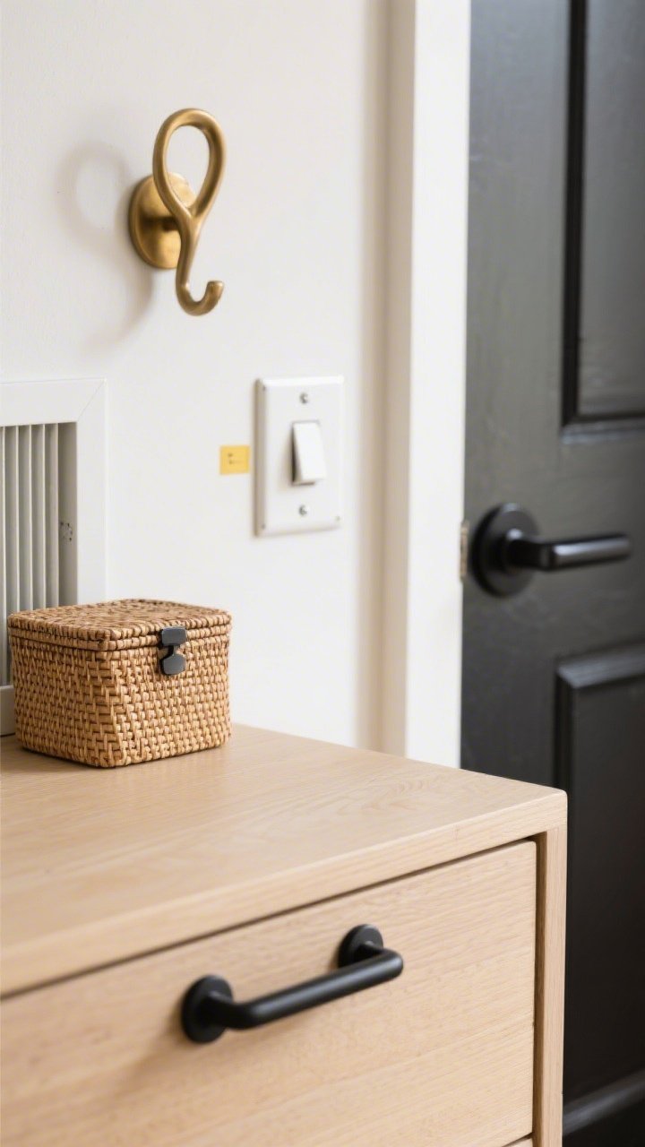 Closeup detail of upgraded hardware and small accents: a matte black cabinet pull installed on a light wood dresser, matching black door handle visible in the background, and a clean white metal light switch plate replacing an old yellowed one; coordinated metals with black dominant and a touch of warm brass in a small sculptural hook on the wall; woven lidded box and a tidy vent cover with a fresh finish; crisp daylight for clarity, tight focused framing.