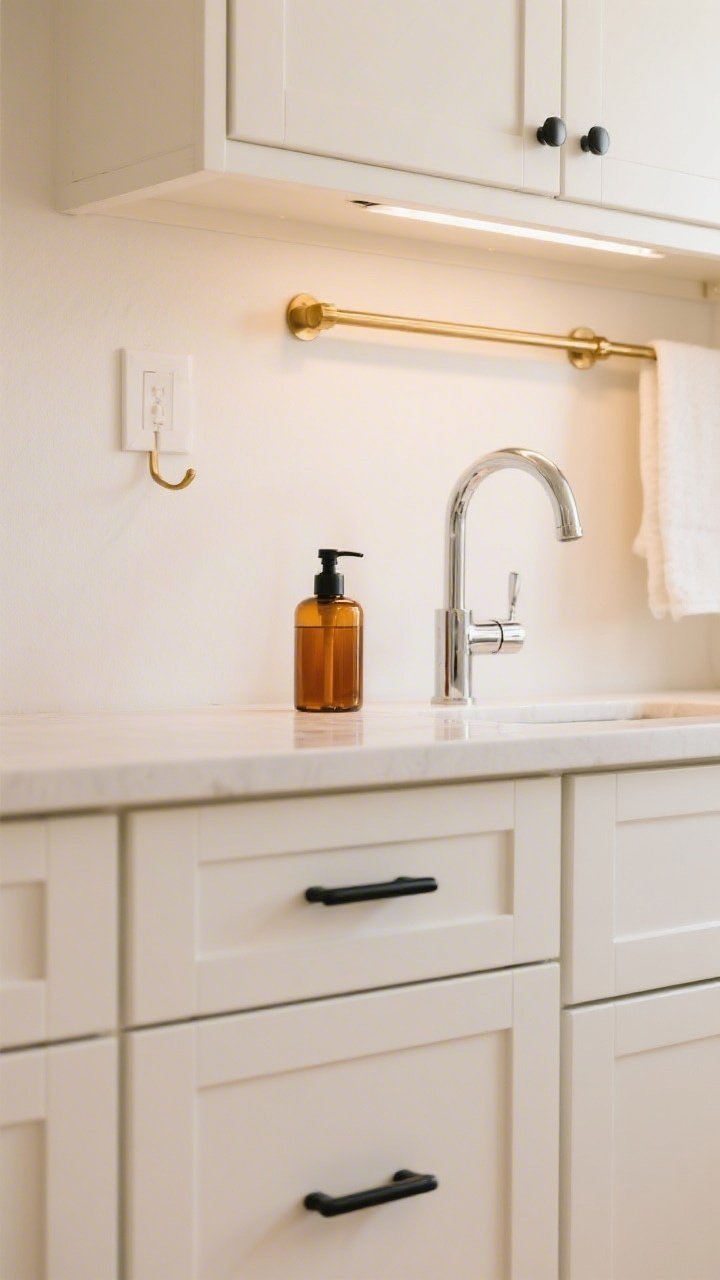 Closeup detail: Rental kitchen cabinet doors with newly swapped hardware—matte black bar pulls on warm white shaker fronts—paired with a brushed brass towel bar and matching door hook in the background; a sleek amber glass soap dispenser set near a cleaned chrome faucet; soft, even task lighting.