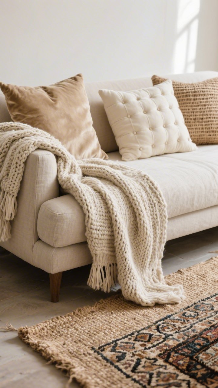 Closeup detail shot: a layered texture vignette on a neutral linen sofa featuring a chunky knit throw blanket loosely draped over the arm, a lightweight Turkish towel casually layered atop, and a mix of tufted, velvet, and woven pillows in sand and cream; in front, the floor shows a jute base rug topped with a smaller patterned rug; soft natural daylight; emphasize contrast of smooth vs chunky and matte vs slightly shiny surfaces; no people.