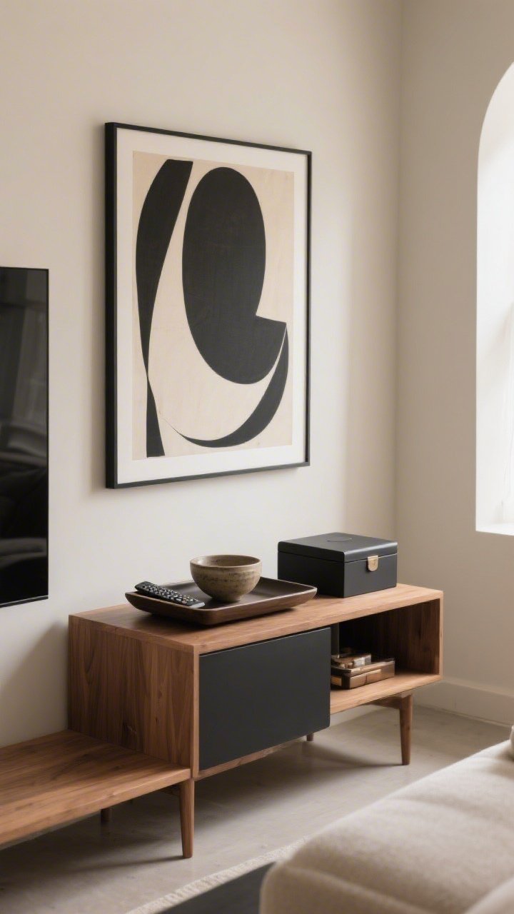 Closeup/detail shot: A styled vignette on a small console in a compact living room after a ruthless edit—only a single bold abstract art piece as the hero above the console, a low, wide tray corralling a remote and a ceramic bowl, and a lidded box hiding small items; neutral palette with warm wood, matte black accents, and soft beige walls; clean negative space around objects; soft natural daylight from the side, shallow depth of field highlighting the tray and bowl, conveying calm and breathing room.