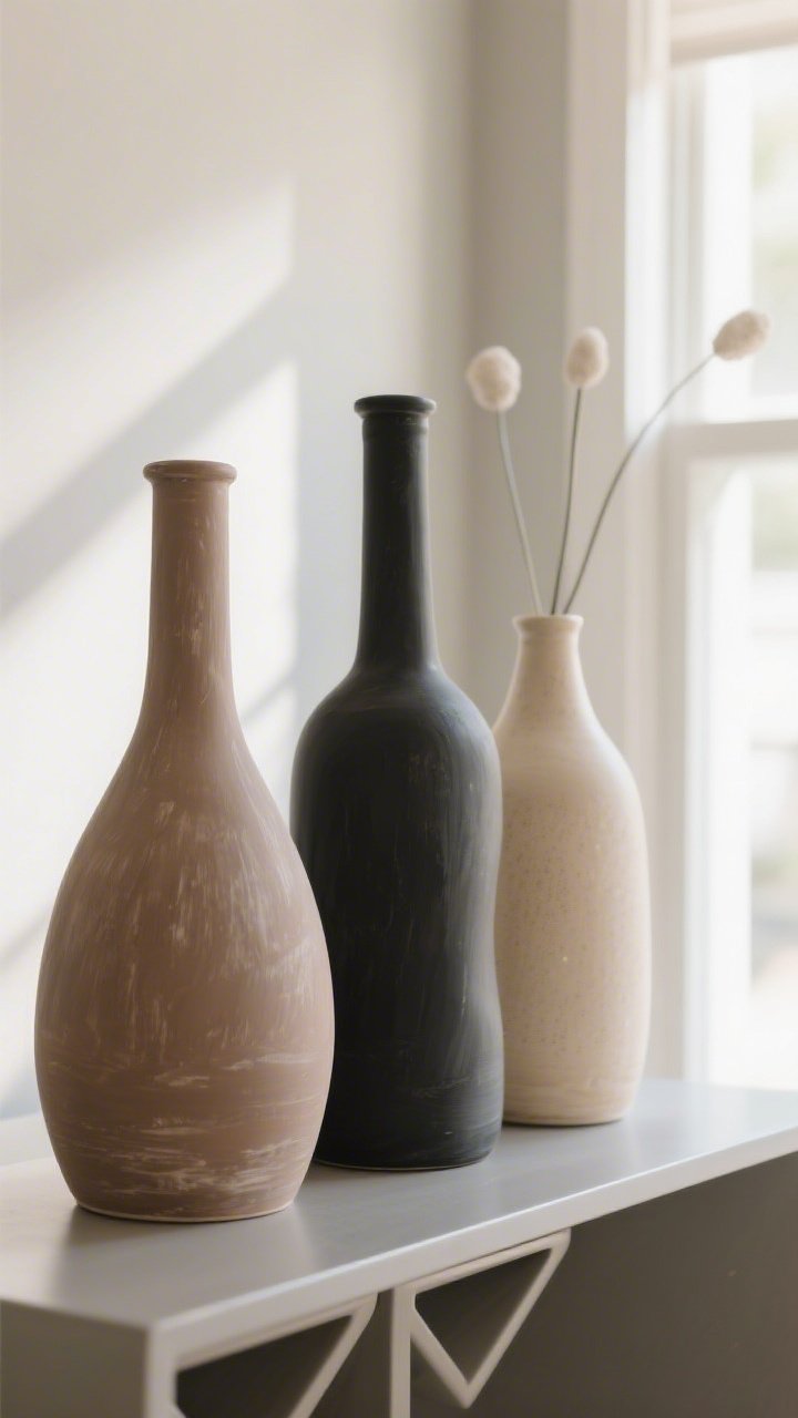 Closeup detail shot of a trio of Dollar Tree glass vases in varying heights and odd bottle shapes, painted with baking-soda-and-acrylic for a ceramic-like chalky texture; layered colors in warm taupe, matte black, and soft sand; styled on a modern console with a couple of minimalist stems; soft natural window light grazing the matte surfaces to emphasize texture; neutral backdrop with subtle shadows