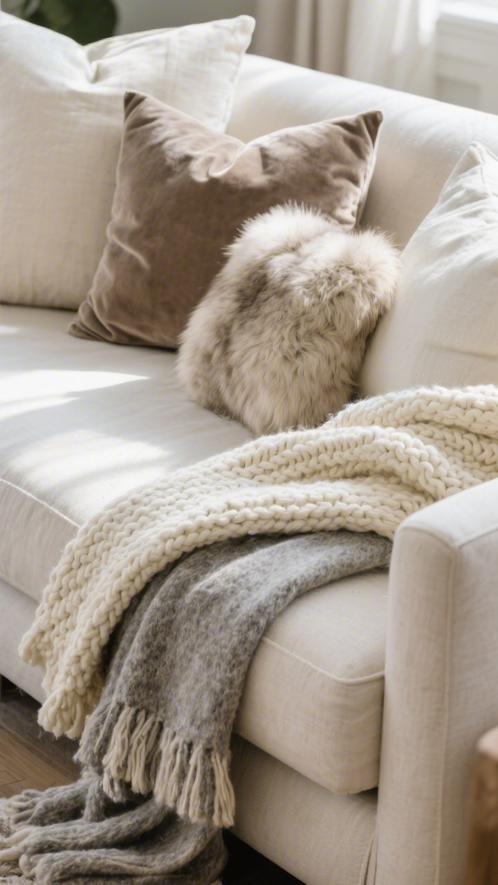 Closeup detail shot of layered textiles on a sofa arm: a chunky knit throw in cream, a nubby wool blanket in heather gray draped “casually” over the corner, velvet cushions in muted taupe and linen pillows in off-white, with a faux fur pillow adding depth; vary pillow sizes (euro, standard, lumbar) for dimensionality; soft, warm afternoon light highlights textures; photorealistic, no people.
